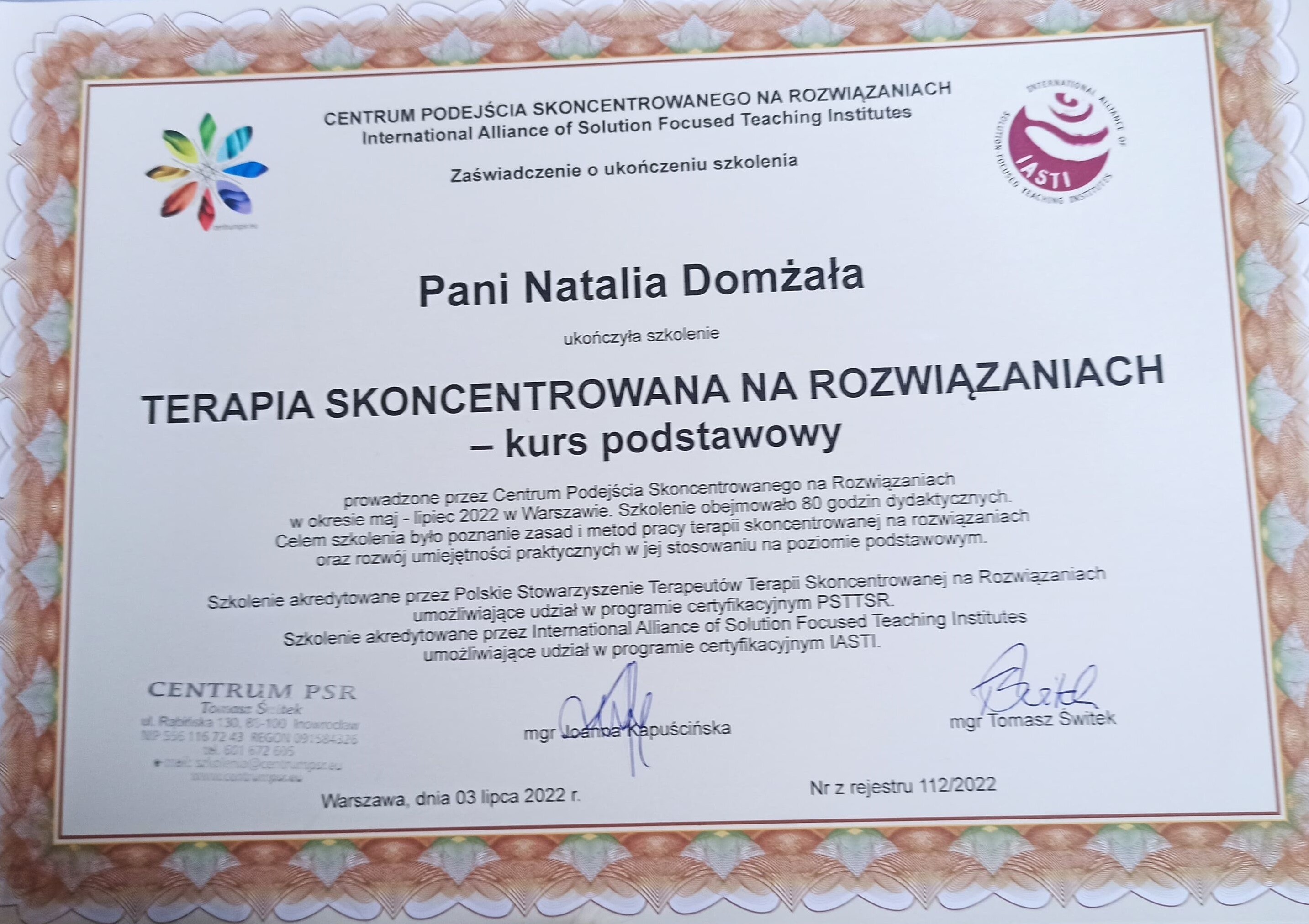 Terapia Skoncentrowana na Rozwiązaniach - kurs podstawowy